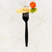 Elegant 7-inch black plastic forks with a refined look, ideal for weddings and formal gatherings
