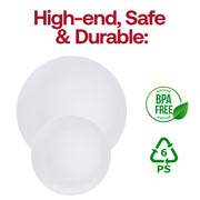 Elegant 7.5-inch organic plastic plates in white with a silver rim, disposable and available in a 120-piece pack, BPA-Free