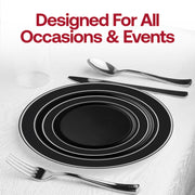Elegant 7.5-inch round appetizer plates, black with silver rim, 120-pack for stylish table settings