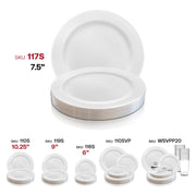 Elegant 7.5-inch round appetizer plates, white with silver rim, sturdy plastic