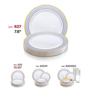 Elegant 7.5-inch white appetizer plates with a blue and gold decorative rim, disposable plastic, 120-count pack