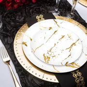 Elegant 7.5-inch white plastic salad plates with gold marble accents, disposable and available in a 120-pack