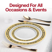 Elegant 7.5-inch white salad plates featuring a black and gold decorative royal rim