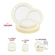 Elegant 7.5" gold edge rimmed plastic salad plate stacked for buffet-style serving station