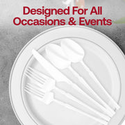 Elegant 7" shiny white disposable dessert forks, case of 240, with a sophisticated design perfect for upscale events