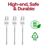 Elegant 8.4" shiny silver disposable dinner forks, case of 300, with a modern design perfect for upscale events.