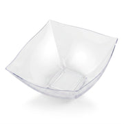 Elegant 8 oz clear wave square disposable plastic bowl, chic and sturdy compact serving bowl for weddings, parties, and catered events.