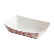 Elegant 8 oz red plaid paper food boat, chic and sturdy disposable tray for sophisticated carnival-themed wedding party supplies.
