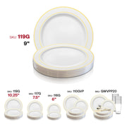 Elegant 9-inch white buffet plates with gold rim accents, sturdy plastic