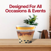 Elegant 9 oz clear plastic cups with a metallic gold rim, perfect for formal events, receptions, and stylish entertaining