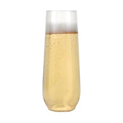 Elegant 9 oz clear plastic stemless champagne flutes, perfect for stylish toasts at weddings, engagements, and celebrations
