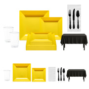 Elegant Black & Yellow Dinnerware Set placed on a buffet table during baseball night