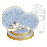 Elegant Clear Blue Hammered Glass Wedding Set with gold cutlery offers refined style for upscale events