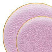 Elegant Clear Pink with Gold Rim Hammered Glass Dinnerware Set designed for weddings, showers, and special events