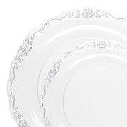 Elegant Clear with Silver Vintage Rim Round Disposable Plastic Dinnerware Set, perfect for upscale events