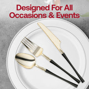 Elegant Moderno disposable dinner spoons, gold-colored bowl and black handle, perfect for formal occasions.