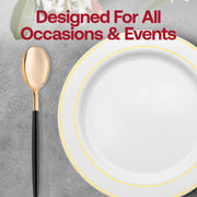 Elegant Moderno disposable dinner spoons, gold-colored bowl and black handle, perfect for formal occasions