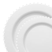 Elegant White Pearl String Round Disposable Dinnerware Set, perfect for weddings, parties, and special occasions