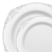 Elegant White with Silver Fancy Round Plates bring upscale charm to weddings and formal celebrations