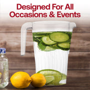 Elegant and fancy round clear plastic pitchers with a 52 oz capacity, ideal for upscale events and stylish drink presentations