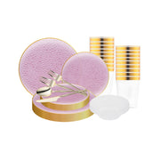Elegant and modern, this Clear Pink with Gold Hammered Glass Tableware Set elevates any formal dining setup.
