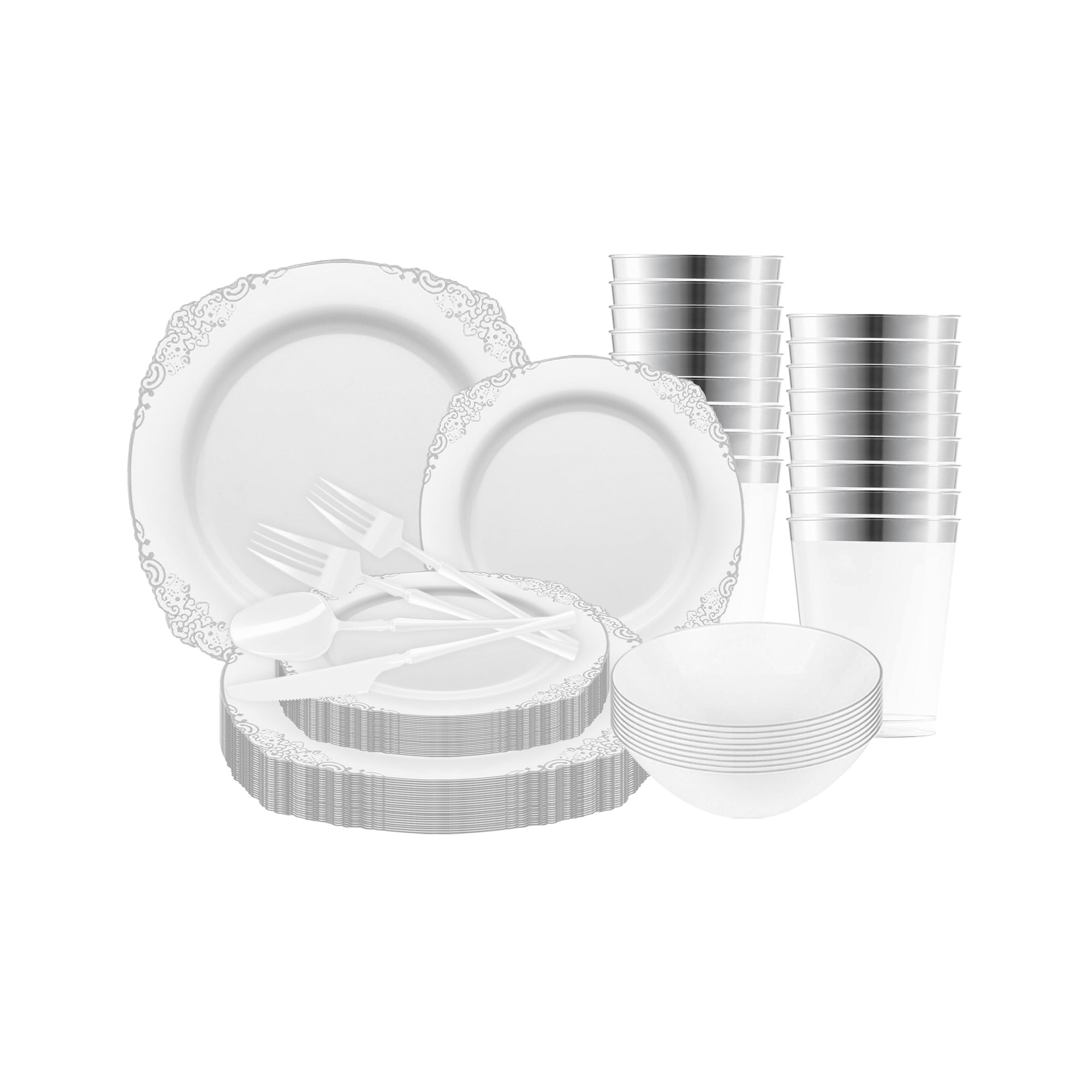 Tableware Set - White Silver Fancy Plastic Dinnerware | Smarty Had A Party
