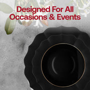 Elegant arrangement of Black Round Lotus tableware set, emphasizing ideal portion sizes and quantities