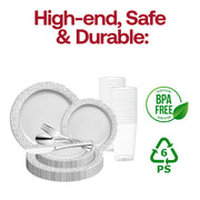 Elegant banquet table decorated with the White with Silver Hammered Rim Round Plastic Wedding Value Set, blending classic style and modern convenience