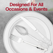 Elegant baroque silver plastic spoons, 7.3-inch, 600-pack – Stylish disposable spoons featuring a detailed baroque design and a polished silver look.