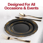 Elegant black 7.5-inch round appetizer plates with a gold vintage rim, disposable and crafted from sturdy plastic, pack of 120