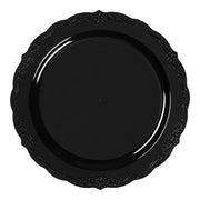 Elegant black 7.5-inch round salad or appetizer plates with a vintage rim, disposable and crafted from sturdy plastic, pack of 120