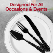 Elegant black Baroque disposable plastic cutlery set featuring ornate handles, ideal for sophisticated table settings at special occasions