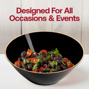 Elegant black and gold rim dessert bowls, 6 oz capacity, round and disposable, perfect for weddings, parties, or special occasions