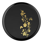 Elegant black dinner plate with ornate gold print, perfect for holiday or gala service