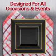 Elegant black dinner plates featuring a gold square edge rim, 9.5 inches in diameter, disposable and sold in a 120-pack