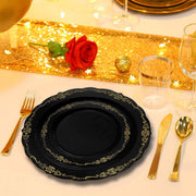 Elegant black disposable plastic dinner plate with a decorative gold vintage rim, 10-inch size, available in a 120-pack.