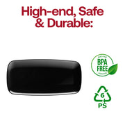 Elegant black disposable rectangular plates made of plastic, 10.6x5 inches, with a flat raised edge, pack of 120