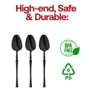 Elegant black plastic dinner spoons, 8.1 inches, pack of 480, offering a stylish alternative to metal cutlery.