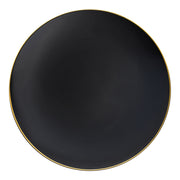 Elegant black plastic plates featuring a gold rim and organic round shape, ideal for appetizers or salads, 7.5-inch diameter, 120-pack