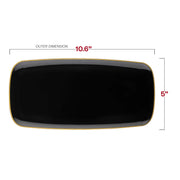 Elegant black plastic plates featuring a gold rim, rectangular shape, and flat raised edges, 10.6x5 inches, 120-pack