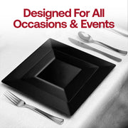 Elegant black square plastic plates, 6.5 inches, disposable and sturdy, 120-pack ideal for serving sweets or snacks