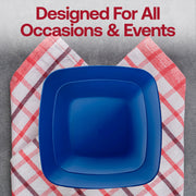 Elegant blue flat rounded square buffet plates, 8.5-inch diameter, made from disposable plastic
