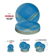 Elegant blue round dinner plates with a gold brushstroke design, 10.25-inch size, disposable and lightweight