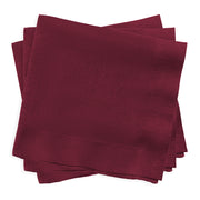 Elegant burgundy red paper beverage napkins, 10" x 10", with a luxurious feel, ideal for weddings, cocktail parties, and formal events.