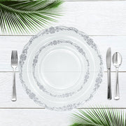 Elegant clear 7.5-inch round appetizer plates with a silver vintage rim, disposable and crafted from sturdy plastic, pack of 120