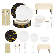 Elegant clear and ivory disposable wedding tableware with gold accents for refined reception dining.
