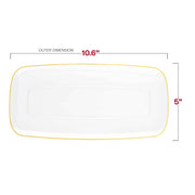 Elegant clear plastic plates featuring a gold rim, rectangular shape, and smooth raised edges, 10.6x5 inches, 120-pack
