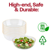 Elegant clear plastic serving bowl with gold border, premium disposable dinnerware suitable for weddings, birthdays, and holiday celebrations.