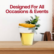 Elegant clear plastic shot glasses with a round design, 2 oz size, disposable and suitable for upscale events or casual use