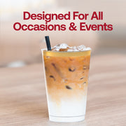Elegant clear plastic tumblers with a modern metallic gold rim, 12 oz size, round shape, and disposable for easy cleanup